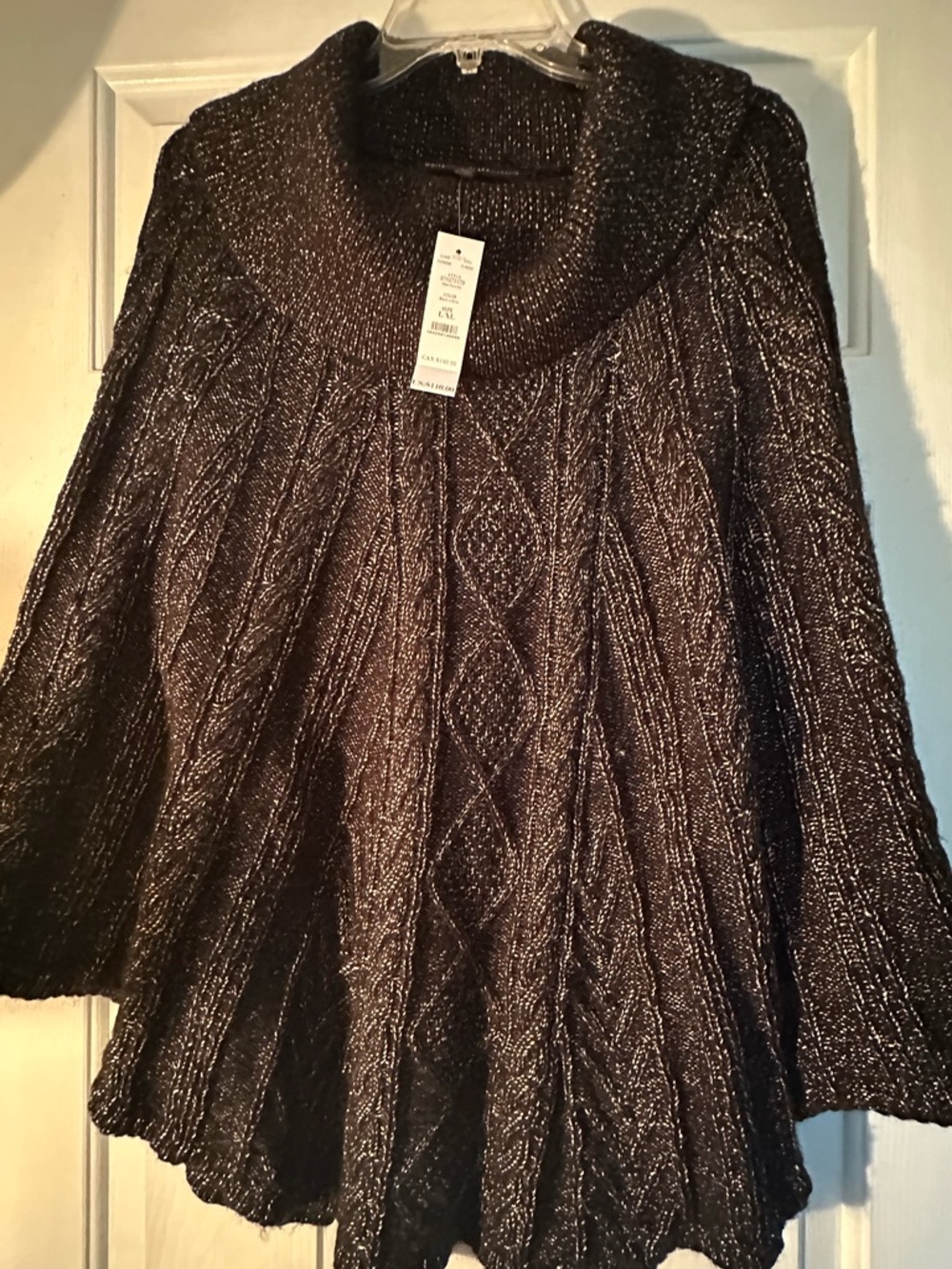 Cozy Metallic Cable-Knit Cowl Neck Sweater Poncho Black/grey